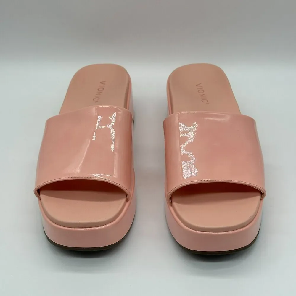 Vionic Trista Pink Platform Slide Sandal Shoes Womens Size 8 Patent Leather Heel